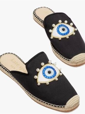 kate spade Black Canvas Evil Eye Pearl-Embellished Espadrille Mules